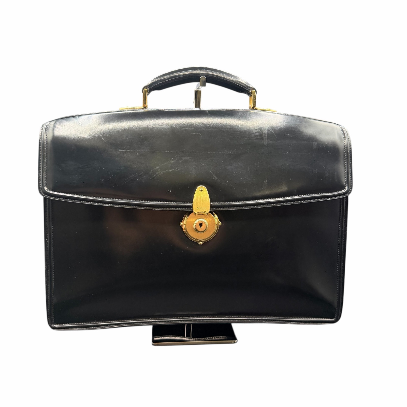 Vintage Bally Black Leather Locking Briefcase Attache Gold Hardware